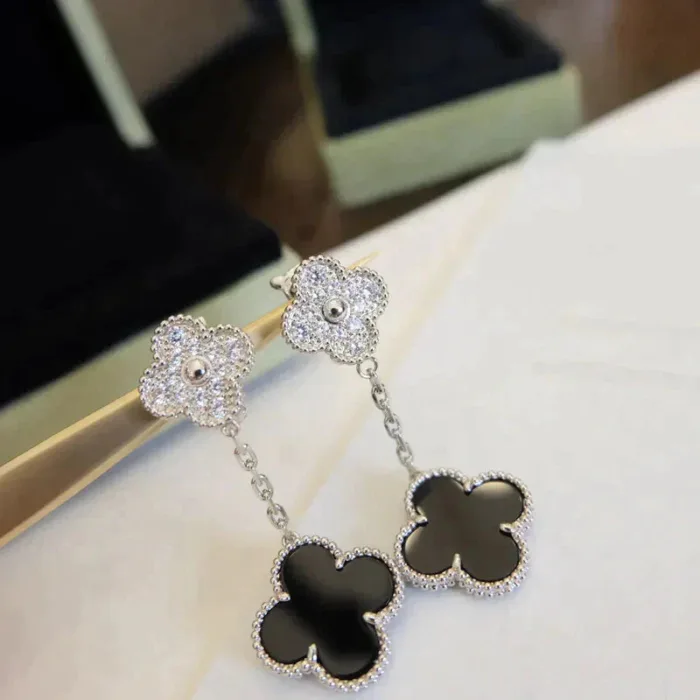 【Valeron Jewelry】CLOVER 2 MOTIFS  DIAMOND ONYX EARRINGS SILVER - Image 10