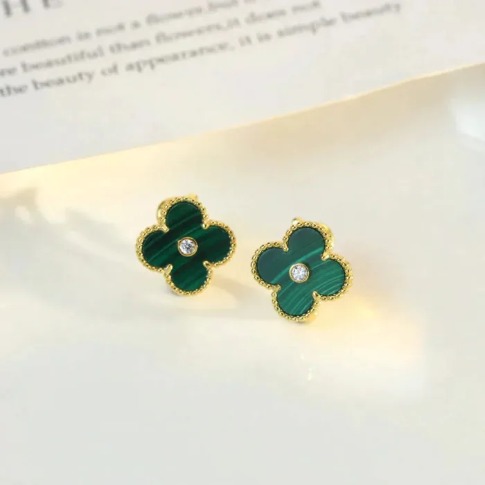 【Valeron Jewelry】CLOVER MEDIUM 1 MOTIFS MALACHITE DIAMOND EARRINGS - Image 5
