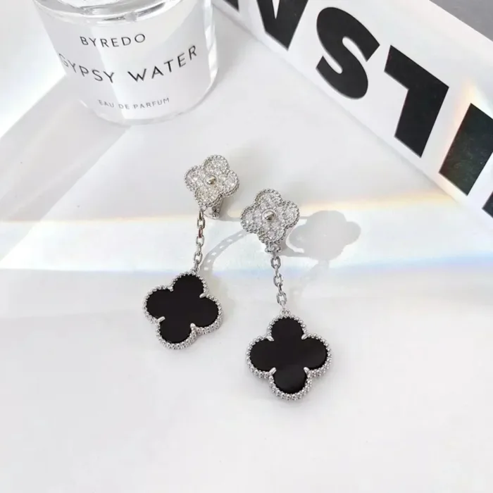 【Valeron Jewelry】CLOVER 2 MOTIFS  DIAMOND ONYX EARRINGS SILVER - Image 3
