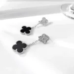 【Valeron Jewelry】CLOVER 2 MOTIFS  DIAMOND ONYX EARRINGS SILVER - Image 4
