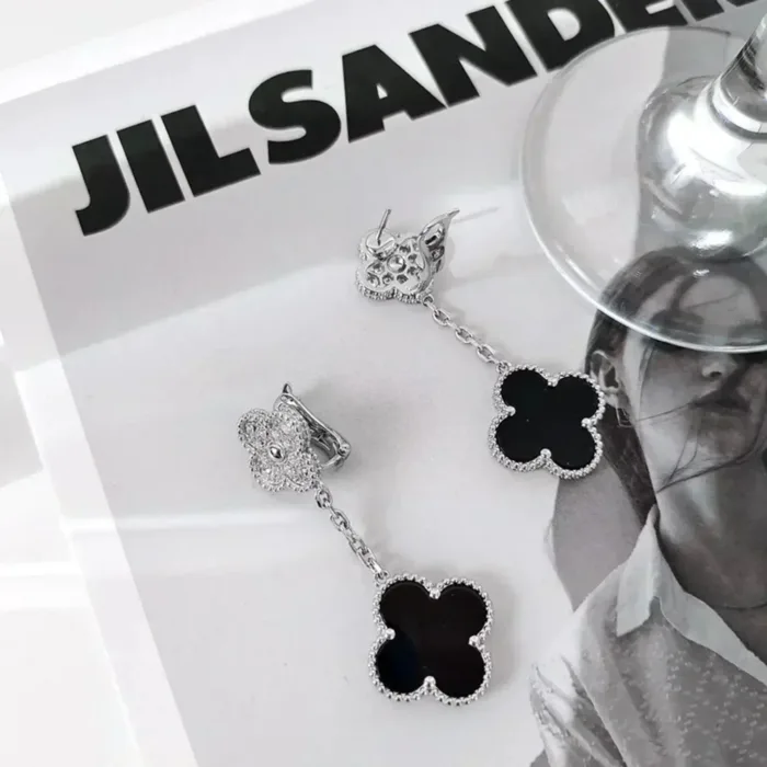 【Valeron Jewelry】CLOVER 2 MOTIFS  DIAMOND ONYX EARRINGS SILVER - Image 5