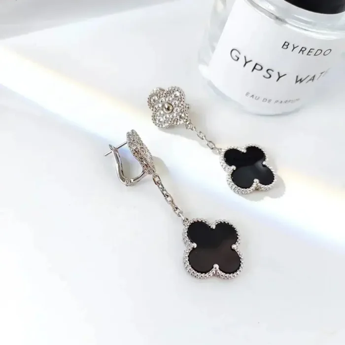【Valeron Jewelry】CLOVER 2 MOTIFS  DIAMOND ONYX EARRINGS SILVER - Image 6