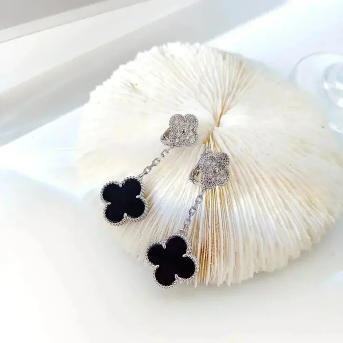 【Valeron Jewelry】CLOVER 2 MOTIFS  DIAMOND ONYX EARRINGS SILVER - Image 7