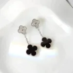 【Valeron Jewelry】CLOVER 2 MOTIFS  DIAMOND ONYX EARRINGS SILVER