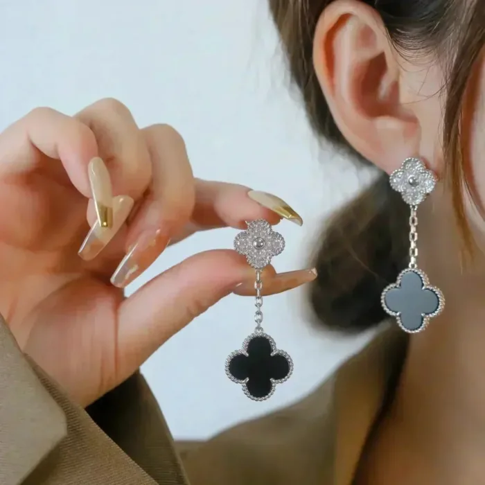 【Valeron Jewelry】CLOVER 2 MOTIFS  DIAMOND ONYX EARRINGS SILVER - Image 9