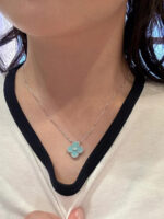 【Valleron Jewelry】CLOVER 1 DIAMOND LIGHT BLUE SILVER NECKLACE - Image 4