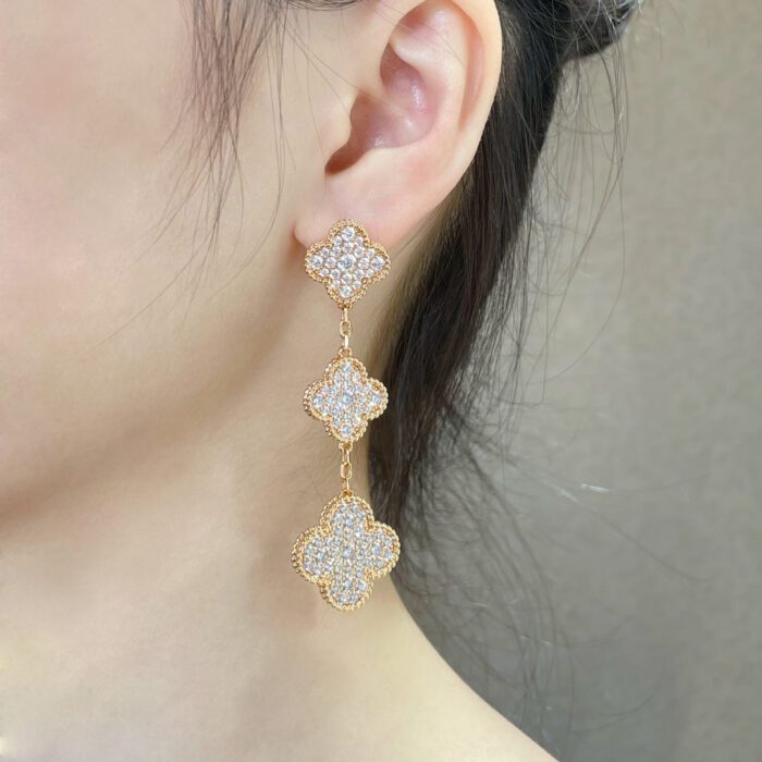 【Valeron Jewelry】CLOVER 3 MOTIFS DIAMOND PAVED ROSE GOLD EARRINGS - Image 1