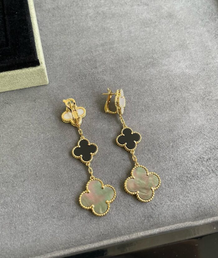【Valeron Jewelry】CLOVER 3 MOTIF MOP ONYX DARK MOP PINK GOLD EARRINGS - Image 8