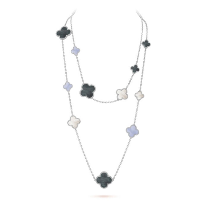 【Valleron Jewelry】CLOVER 16 MOTIF CHALCEDONY MOP SILVER NECKLACE - Image 1