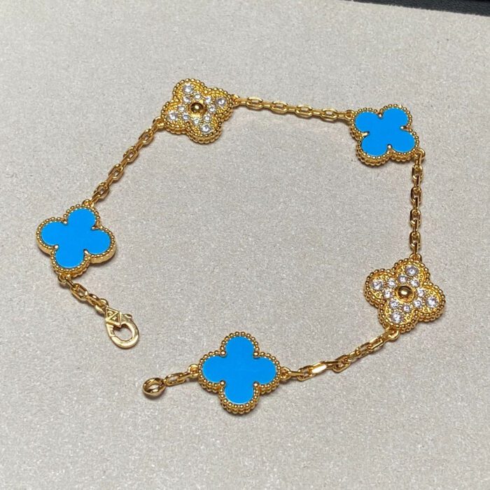 【Valleron Jewelry】CLOVER 5 MOTIF BLUE CHALCEDONY DIAMOND GOLD BRACELET - Image 2