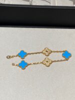 【Valleron Jewelry】CLOVER 5 MOTIF BLUE CHALCEDONY DIAMOND GOLD BRACELET - Image 4