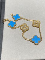 【Valleron Jewelry】CLOVER 5 MOTIF BLUE CHALCEDONY DIAMOND GOLD BRACELET - Image 10