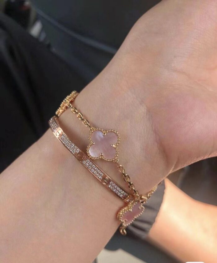 【Valeron Jewelry】CLOVER 5 MOTIFS Pink  AGATE  BRACELET - Image 5