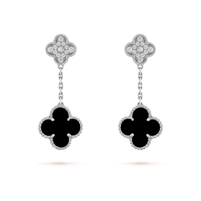 【Valeron Jewelry】CLOVER 2 MOTIFS  DIAMOND ONYX EARRINGS SILVER - Image 2