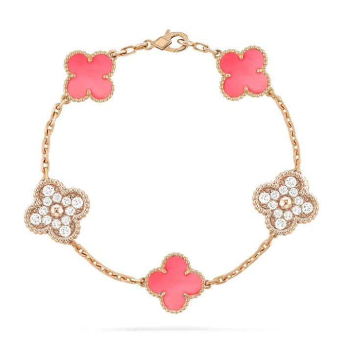 【Valleron Jewelry】CLOVER 5 MOTIF DIAMOND PINK MOP PINK GOLD BRACELET - Image 1