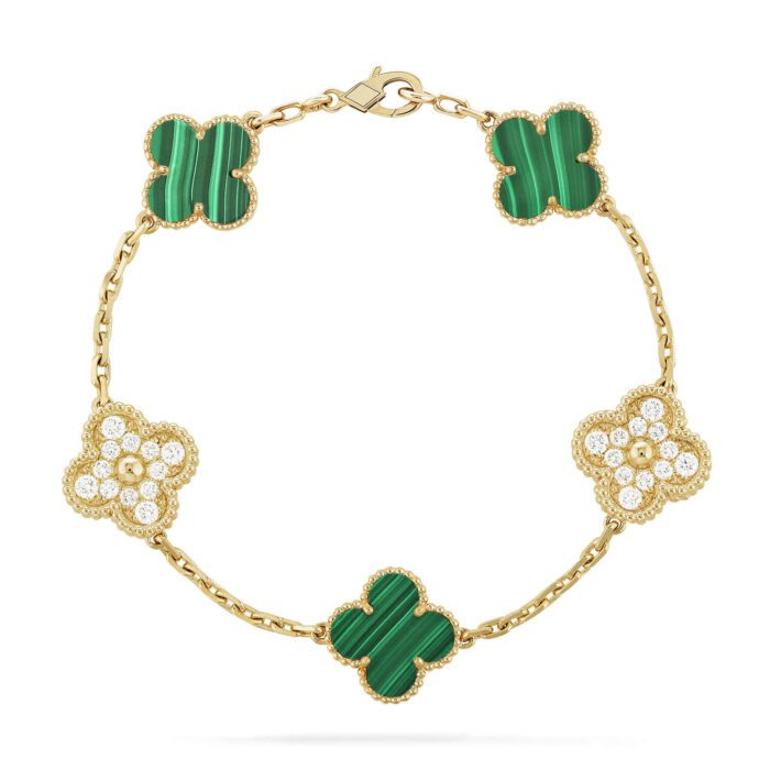 【Valeron Jewelry】CLOVER  5 MOTIF MALACHITE DIAMOND BRACELET - Image 1