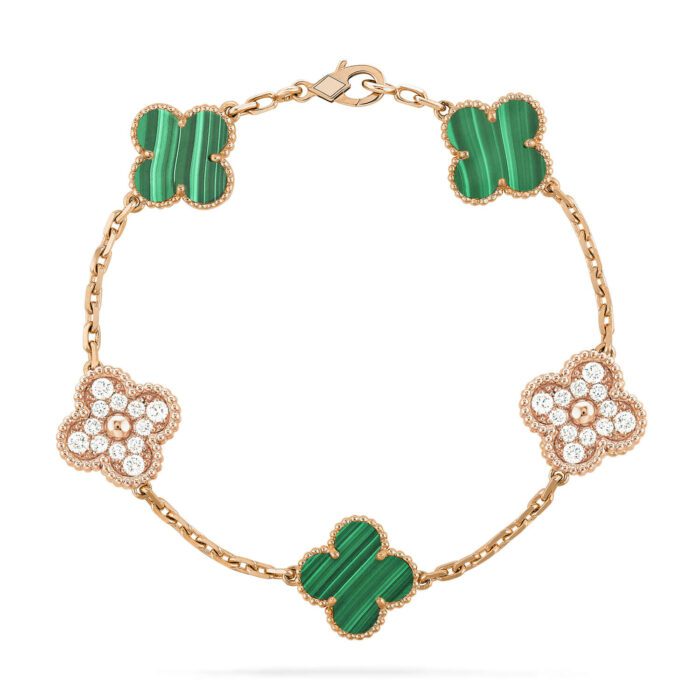 【Valeron Jewelry】CLOVER  5 MOTIF MALACHITE DIAMOND BRACELET - Image 2