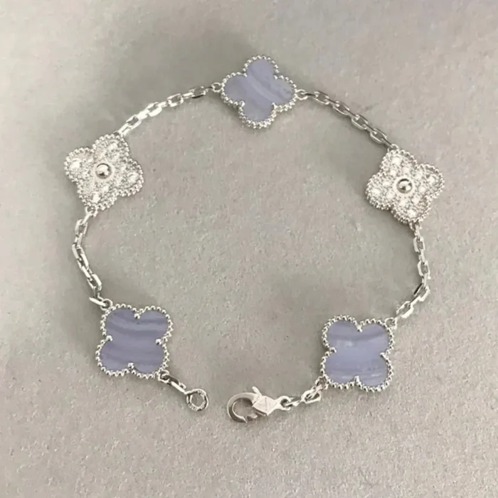 【Valerone Jewelry】CLOVER  5 MOTIF DIAMOND PURPLE CHALCEDONY BRACELET SILVER - Image 4