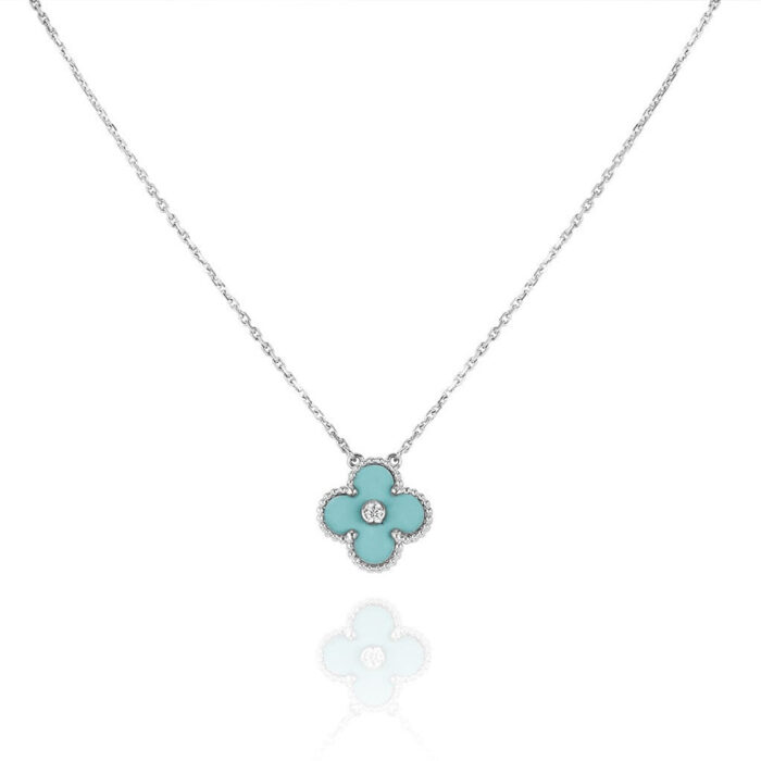 【Valleron Jewelry】CLOVER 1 DIAMOND LIGHT BLUE SILVER NECKLACE - Image 1
