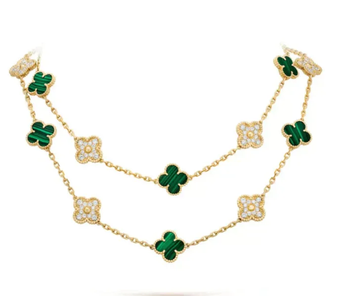 【Valleron Jewelry】CLOVER 20 MOTIFS MALACHITE DIAMOND NECKLACE - Image 1