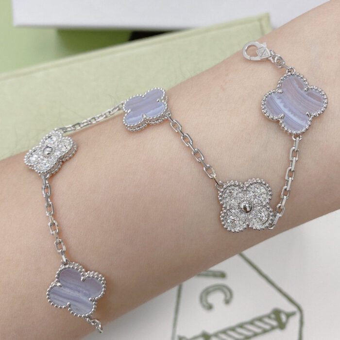 【Valerone Jewelry】CLOVER  5 MOTIF DIAMOND PURPLE CHALCEDONY BRACELET SILVER - Image 9