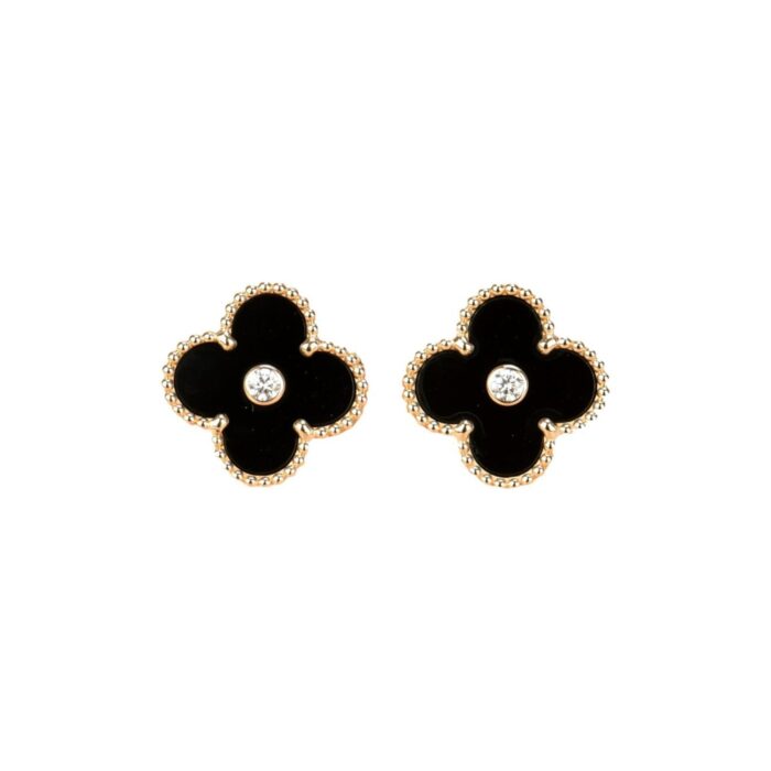【Valeron Jewelry】CLOVER MEDIUM 1 MOTIFS ONYX DIAMOND EARRINGS - Image 1